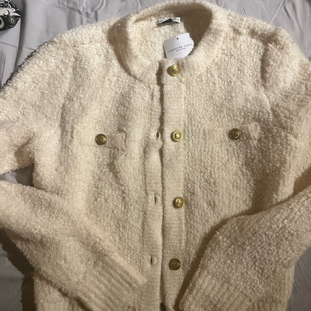 American Eagle Cream Button Up Cardigan Fuzzy Look